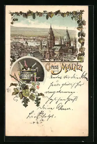 Lithographie Mainz, Totalansicht aus der Vogelschau