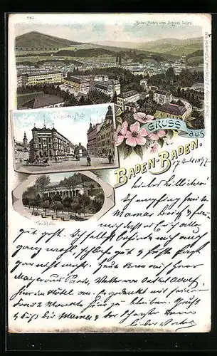 Lithographie Baden-Baden, Ortsansicht vom Schloss-Solms, Leopolds-Platz, Trinkhalle