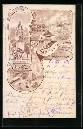 Lithographie Mannheim, Paradeplatz, Bismarck-Denkmal, Rheinbrücke