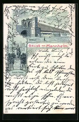 Lithographie Mannheim, Rheinbrücke, Schillerdenkmal
