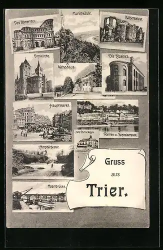AK Trier, Römerthor, Mariensäule, Kaiserpalast, Weisshaus, Basilica, Amphitheater