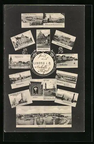 AK Lindau i. B., Postamt, Luitpold-Kaserne, Hafenpartie, Panorama