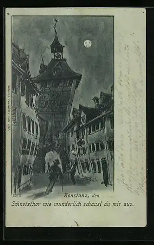 Wirtshaus-AK Konstanz, Heimweg durch das Schnetztor aus der Sicht eines Betrunkenen