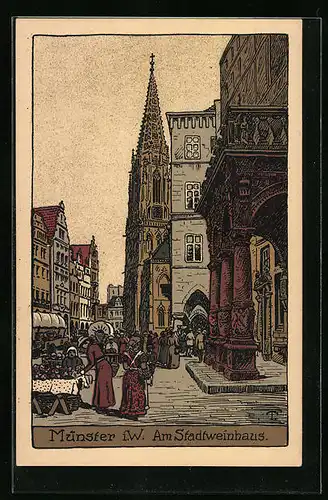 Steindruck-AK Münster i. W., Strassenpartie am Stadtweinhaus