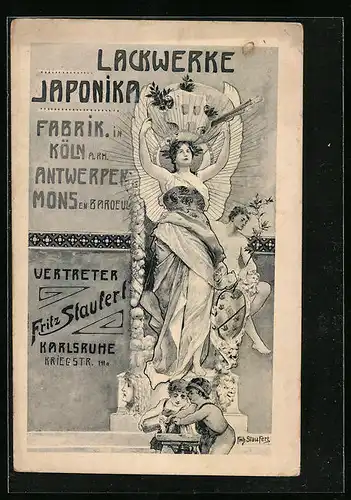 AK Karlsruhe, Lackwerke Japonika, Vertreter Fritz Staufert, Kriegstrasse 141a