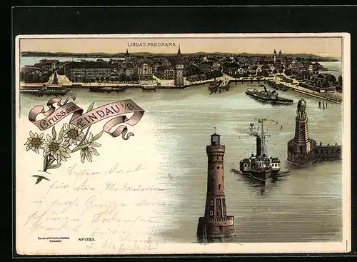 Lithographie Lindau i. B., Panorama mit Hafen