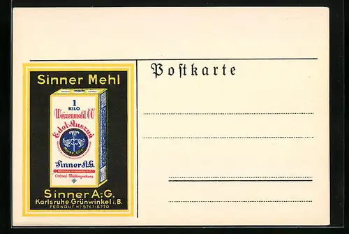 AK Karlsruhe-Grünwinkel, Reklame für Weizenmehl der Sinner AG