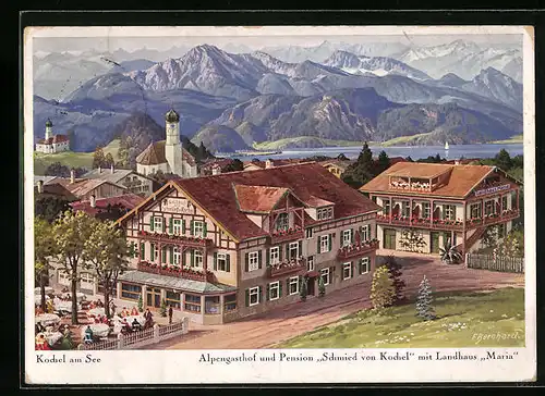 Künstler-AK Kochel am See, Alpengasthaus Schmied von Kochel mit Landhaus Maria