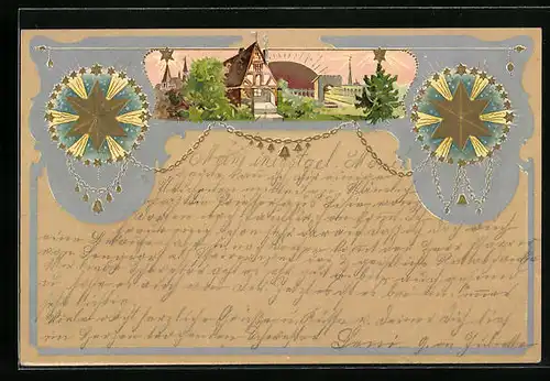 Präge-AK Haus in Ortschaft, Stern- und Glocken-Ornamente, Jugendstil