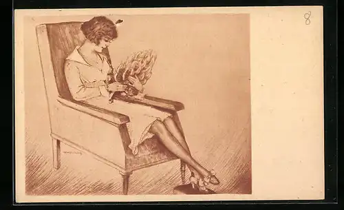 Künstler-AK Max Brüning: Die ersten Bananen - Junge Frau mit Bananen in einem Sessel