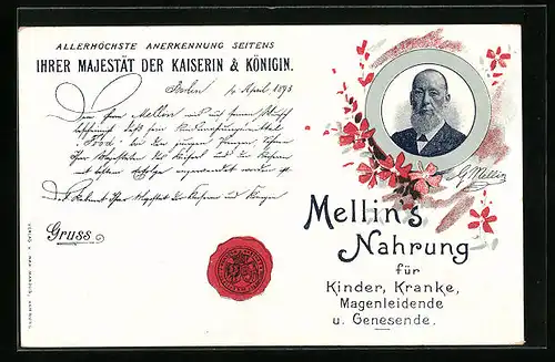 Künstler-AK Reklame für Mellin`s Nahrung, Portrait G. Mellin