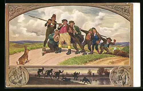 Künstler-AK Die sieben Schwaben schrecken vor dem Hasen zurück, Szene am See