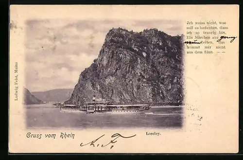 AK Loreleyfelsen mit Dampfschiff am Rhein