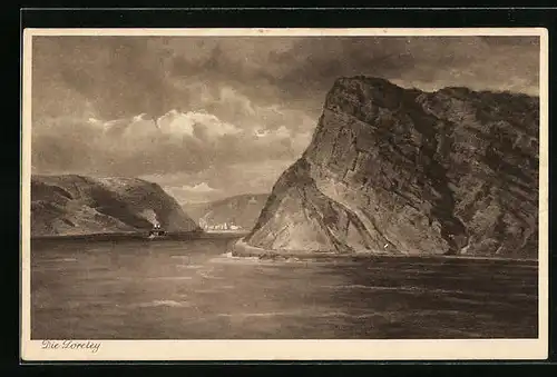 AK Loreleyfelsen und Rhein unter wolkenverhangenem Himmel