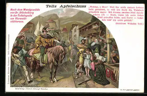 Künstler-AK Gemälde Tells Apfelschuss nach Stückelberg, Text