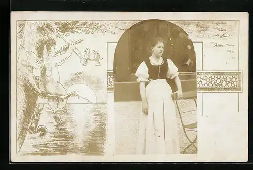 Foto-AK Junge Frau im Dirndl in Passepartout mit flötenspielendem Engel