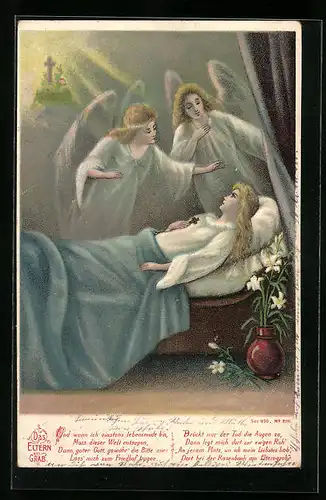 Künstler-AK Zwei Engel am Sterbebett einer jungen Frau, Gedicht