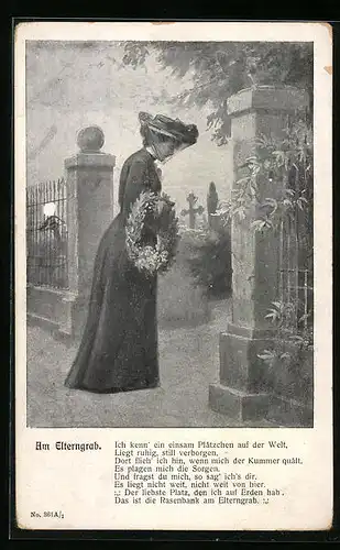 Künstler-AK Junge Dame am Eingang eines Friedhofes, Text