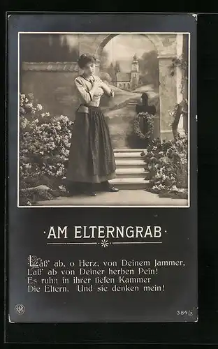 Künstler-AK Junge Frau an Friedhofstor, Gedicht Am Elterngrab