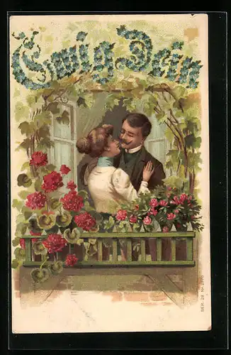 Präge-AK Liebespaar auf blumengeschmücktem Balkon