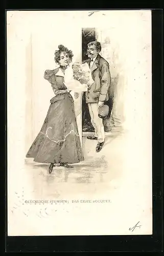 Präge-AK Glückliche Stunden: Das erste Bouquet.