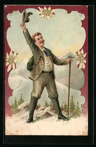 Lithographie Wanderer mit Eispickel schwenkt den Hut auf dem Gipfel, Edelweiss