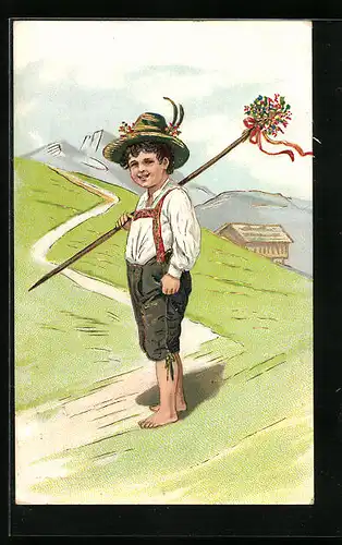 Lithographie Bub in Lederhose mit Tirolerhut und geschmücktem Wanderstock