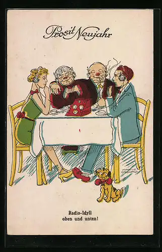 Künstler-AK Junges Paar hält unbemerkt Kontakt unter dem Tisch - Neujahrsgruss