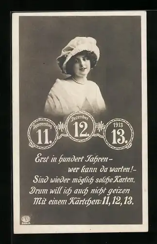 AK Junge Frau über Datum 11.12.13 - Anlasskarte