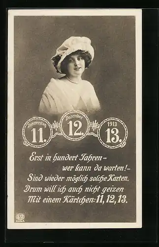 AK Junge Frau über Datum 11.12.13 - Anlasskarte zum seltenen Datum