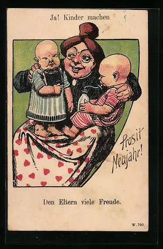 Künstler-AK Prosit Neujahr, Den Eltern viele Freude, Ja! Kinder machen