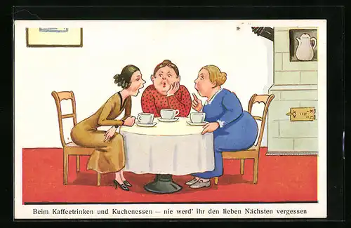 Künstler-AK Beim Kaffeetrinken und Kuchenessen, frauenfeindlicher Humor