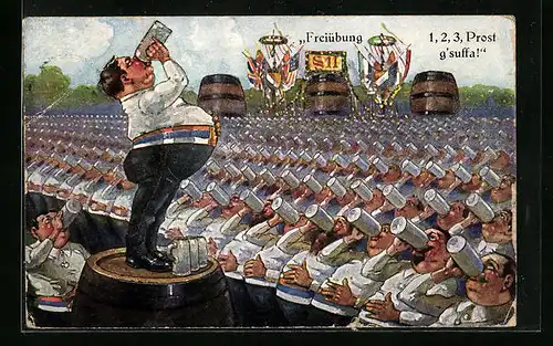 AK Freiübung von Biertrinkern in Reih und Glied