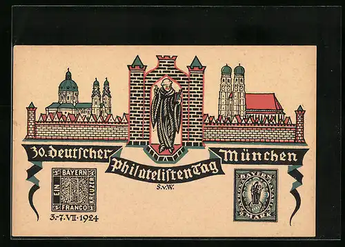 AK München, 30. Deutscher Philatelistentag, Panorama mit Frauenkirche