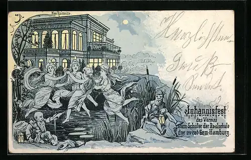 Lithographie Hamburg-Altona, Johannisfest, Ehem. Schüler Realschule der evangelischen Reformgemeinde im Neurainville