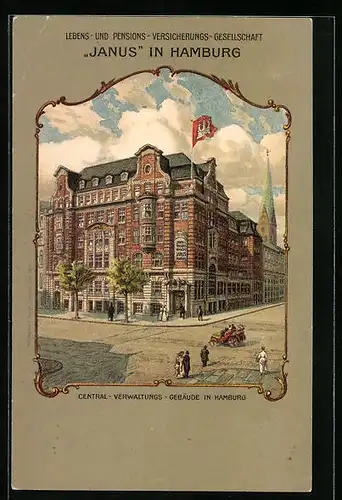 Künstler-AK Hamburg, Lebens- und Pensions-Versicherungs-Gesellschaft Janus, Pferdemarkt
