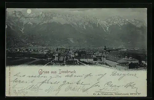 Mondschein-AK Innsbruck, Totalansicht mit Bergpanorama