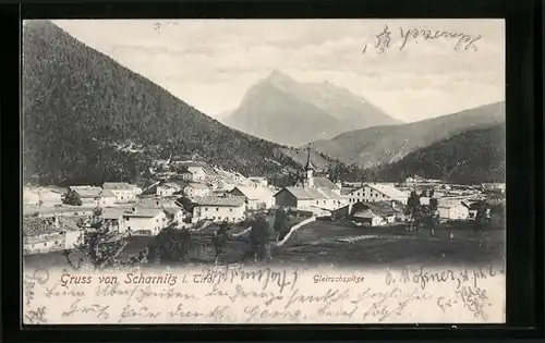 AK Scharnitz, Ortsansicht mit Berggipfel