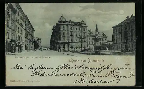 Mondschein-AK Innsbruck, Margarethenplatz und Rudolfbrunnen