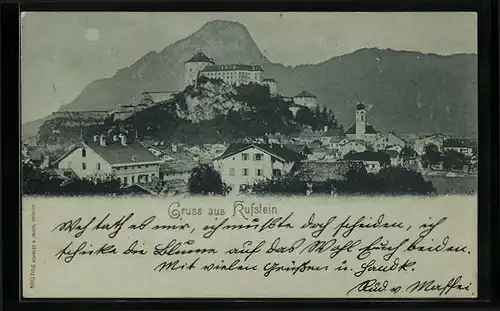 Mondschein-AK Kufstein, Ortsansicht vor Bergen