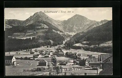 AK Schattwald, Ortsansicht aus der Vogelschau mit Alpengipfeln