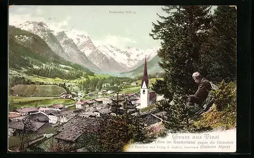 AK Trins im Gschnitztal, Ortsansicht mit Gletschern