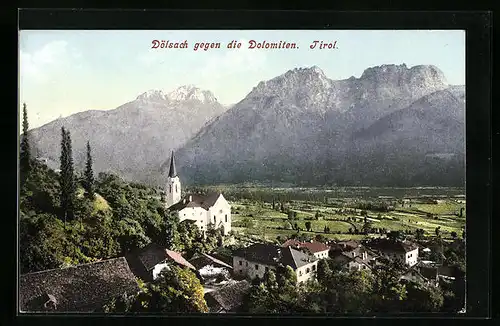 AK Dölsach, Ortsansicht aus der Vogelschau mit Dolomiten