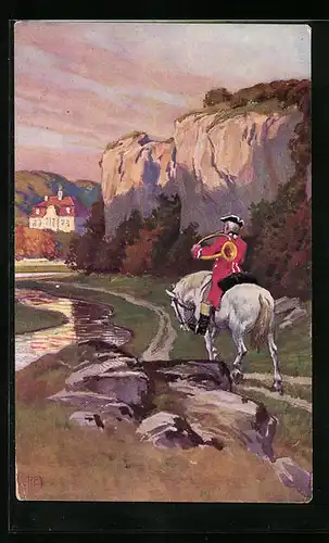 Künstler-AK Paul Hey: Hornbläser auf Schimmel verkündet baldige Ankunft