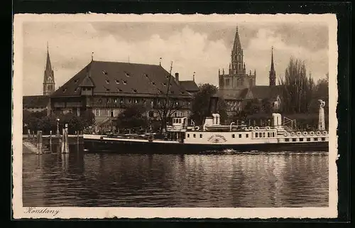 AK Konstanz, Hafen, Kaufhaus, Münster und Zeppelin-Denkmal