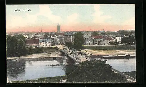 AK Minden i. W., Uferpartie mit Brücke