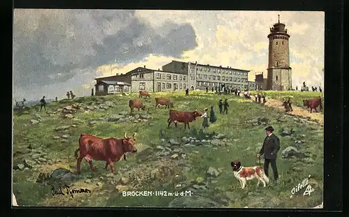 Künstler-AK Brocken, Brocken-Hotel mit weidenden Kühen