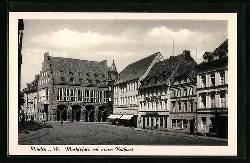 AK Minden i. W., Marktplatz mit Gasthaus Deutscher Kaiser, Geschäften und neuem Rathaus