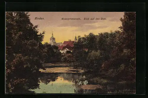 AK Minden, Weserpromenade mit Blick auf den Dom