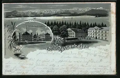 Mondschein-Lithographie Possenhofen, Schloss mit Gasthof